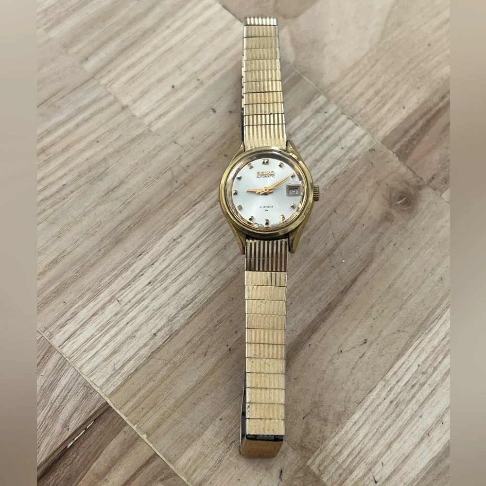 Seiko Rare Vintage Gold Plated Automatic Ladies Watch 21 Jewels Silver Dial Date